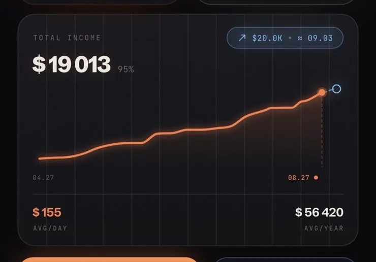 MoneyWorks Lite live income graph with rolling total, average per day, annual pace, and projected goal date